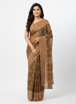 UrbaneSam Printed, Striped Pochampally Georgette Saree(Brown)