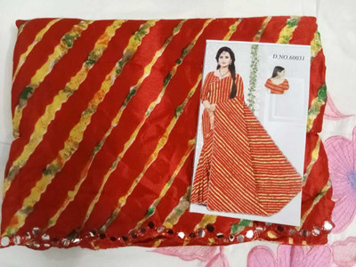 Jinisha Blocked Printed Leheria Cotton Linen Saree(Red)