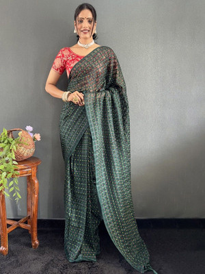 ANOUK Printed Bandhani Chiffon Saree(Green)