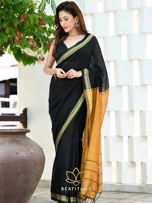 BiswasTextiles Striped Handloom Cotton Blend Saree(Black)