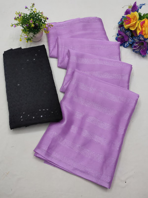 pravita Striped, Solid/Plain Bollywood Chiffon Saree(Pack of 2, Purple, Black)