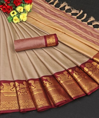 Fashion Club Collection Self Design Dharmavaram Cotton Silk Saree(Beige)