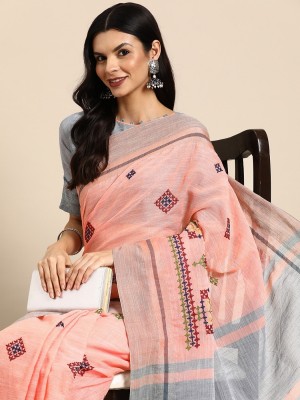 Tasrika Self Design, Embroidered Bollywood Cotton Linen Saree(Pink)