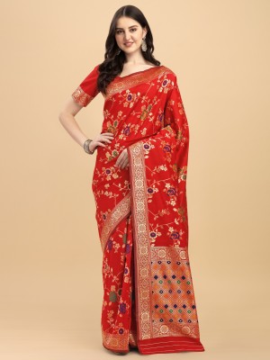 Divastri Self Design, Woven, Floral Print Banarasi Silk Blend, Jacquard Saree(Red)