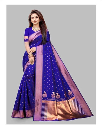 Om Creation Floral Print, Self Design Banarasi Pure Silk Saree(Blue)
