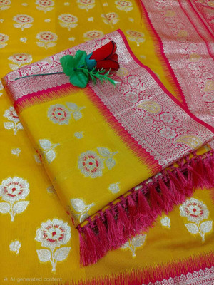 A K Traders Embellished, Self Design, Woven Banarasi Pure Silk Saree(Yellow, Red)
