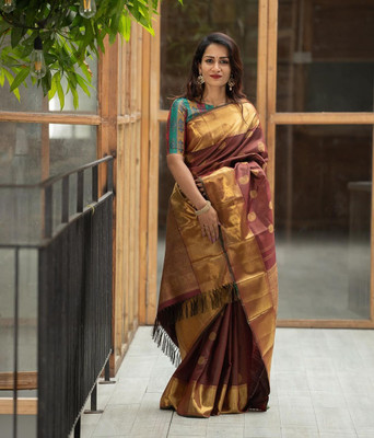 KM CREATION Self Design Banarasi Art Silk Saree(Brown)