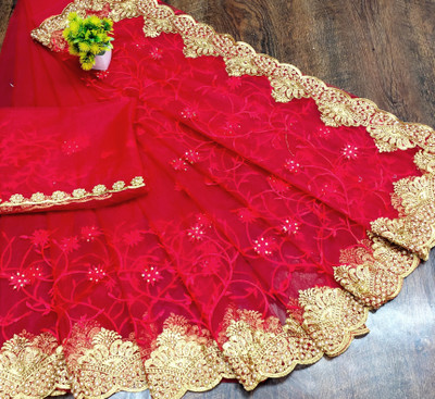 KHRITI FAB Embroidered, Floral Print Bollywood Net Saree(Red)