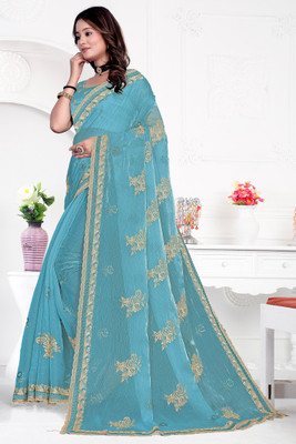 LADY MOR Embroidered Bollywood Jimmy choo Saree(Light Blue)
