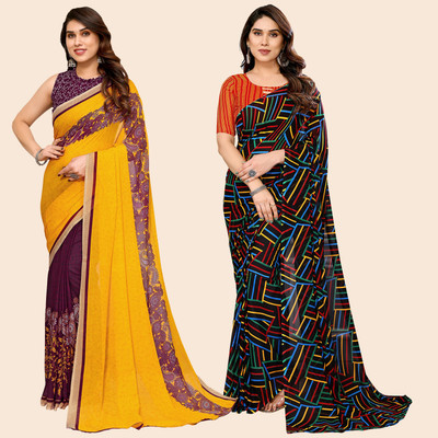 kashvi sarees Printed Daily Wear Georgette Saree(Pack of 2, Yellow, Brown, Multicolor)