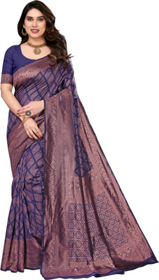 Shubh Mangalam Creation Floral Print Banarasi Jacquard Saree(Dark Blue)