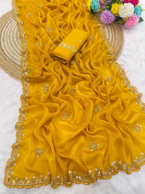 gajanand creation Embroidered Bollywood Jimmy choo Saree(Yellow)