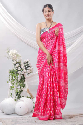 Om Traders Printed Saree with Attached Blouse Cotton Blend Saree(Pink)