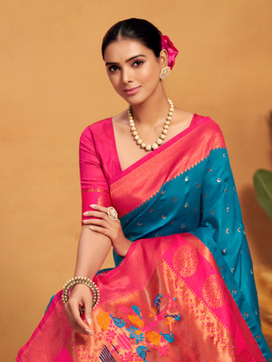 Ethnic Junction Woven Paithani Silk Blend Saree(Blue)