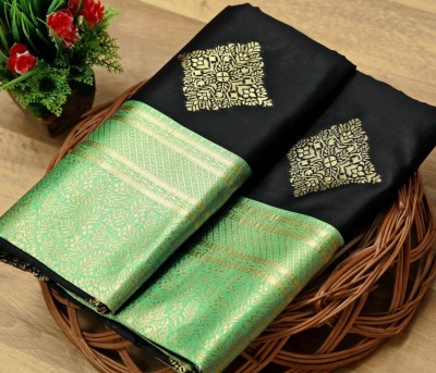 Anjaneya Sarees Woven Banarasi Silk Blend Saree(Green, Black)