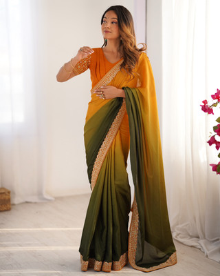 Sajavat Solid/Plain, Embroidered, Embellished Bollywood Silk Blend Saree(Green)
