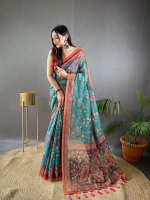SGF11 Self Design Handloom Cotton Linen Saree(Blue)