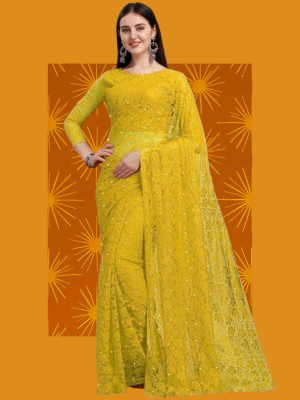 NORAFLEX Self Design Bollywood Net Saree(Yellow)
