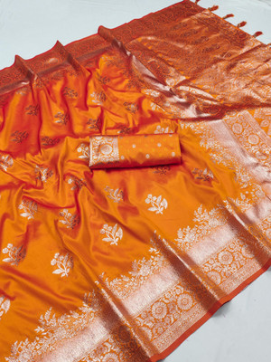VISVASTA Woven, Printed, Embellished Banarasi Jacquard, Silk Blend Saree(Orange)