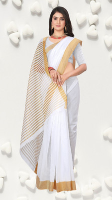 ShriSaree Striped Bollywood Pure Cotton Saree(White)