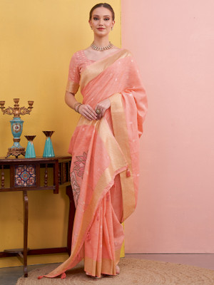Tasrika Woven Hand Batik Linen Saree(Pink, Orange)