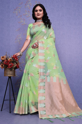 NENCY FASHION Woven Kanjivaram Silk Blend Saree(Light Green)