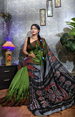 RM CREATION Printed Ikkat Cotton Blend Saree(Light Green)