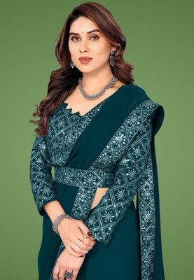 Rajvi Enterprises Solid/Plain, Geometric Print, Floral Print, Embellished, Embroidered Bollywood Georgette Saree(Dark Blue)