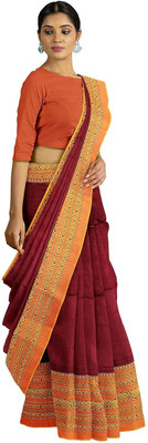 SSK Striped, Checkered, Temple Border Bollywood Handloom Pure Cotton Saree(White)