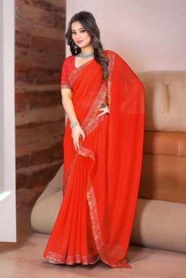 Kasumbo Tex Solid/Plain Banarasi Georgette Saree(Red)