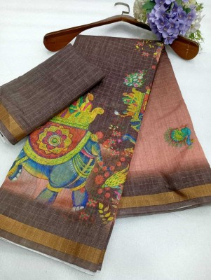 MAANVIT Woven Kanjivaram Cotton Linen, Linen Saree(Brown)