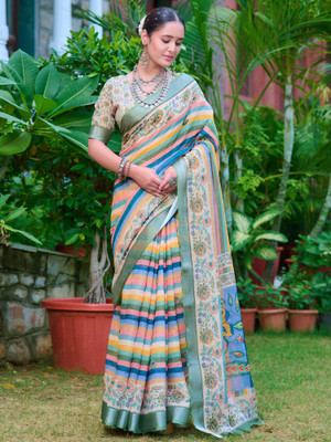 Tasrika Digital Print Leheria Cotton Linen Saree(Multicolor)