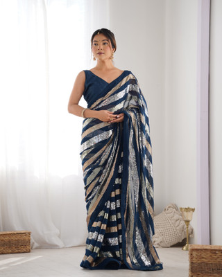 Moda Rapido Striped Bollywood Georgette Saree(Black, Silver)