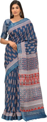 Kiaaron Printed Ikkat Cotton Linen Saree(Blue)