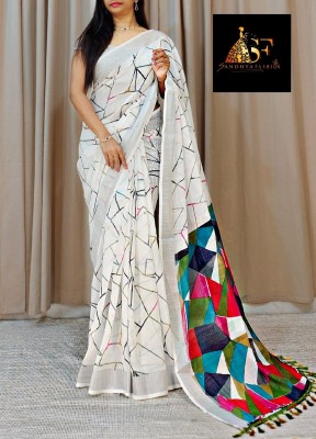 SANDHYA FASHION Digital Print Daily Wear Cotton Linen Saree(White)