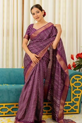 MIRCHI FASHION Printed, Striped Leheria Cotton Silk, Cotton Blend Saree(Magenta, White)