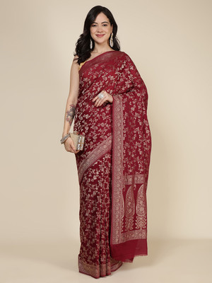 Meena Bazaar Woven Bollywood Georgette Saree(Red)