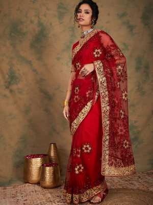 manvaa Embroidered Bollywood Net Saree(Maroon)