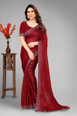 VEERAIVA Embroidered, Self Design Bollywood Chiffon Saree(Maroon)