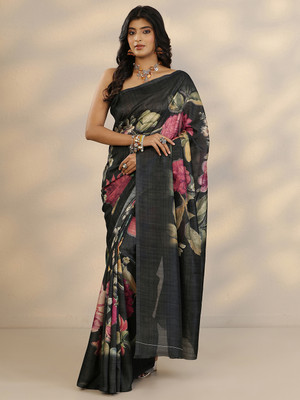 LIBAS Printed Daily Wear Silk Blend Saree(Black)