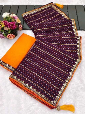 hb patel Striped, Tie-Dye, Embellished Leheria Georgette Saree(Purple)