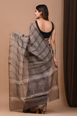 Taavi Blocked Printed Daily Wear Cotton Blend Saree(Brown)