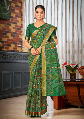 HouseOfCommon Printed Patola Cotton Blend Saree(Green)