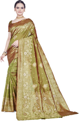 SHRIMAY Self Design Banarasi Silk Blend, Art Silk Saree(Dark Green)