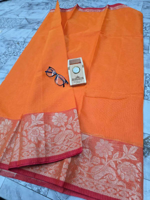 Tilfelle Self Design, Woven Kota Doria Cotton Blend Saree(Orange)