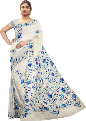 SHRISTI CLOTHINGS Embroidered Kantha Tussar Silk Saree(Cream)