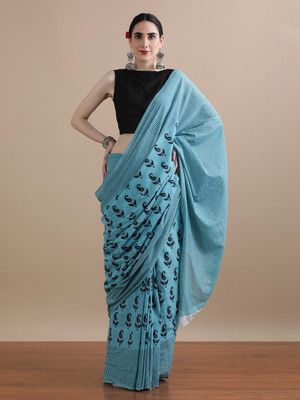blockpuls Hand Painted Handloom Pure Cotton Saree(Light Blue)