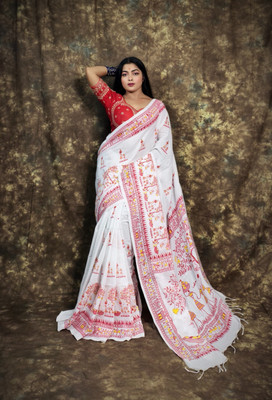 Rahulsareehouse Printed Bollywood Cotton Jute Saree(White)