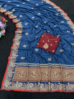 CHAMUNDA CREATION Embroidered Bollywood Pure Silk Saree(Dark Blue)