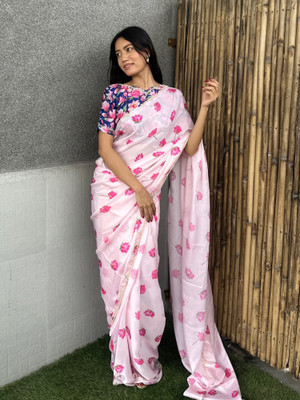 Pandadi Saree Floral Print Bollywood Satin Saree(Pink)
